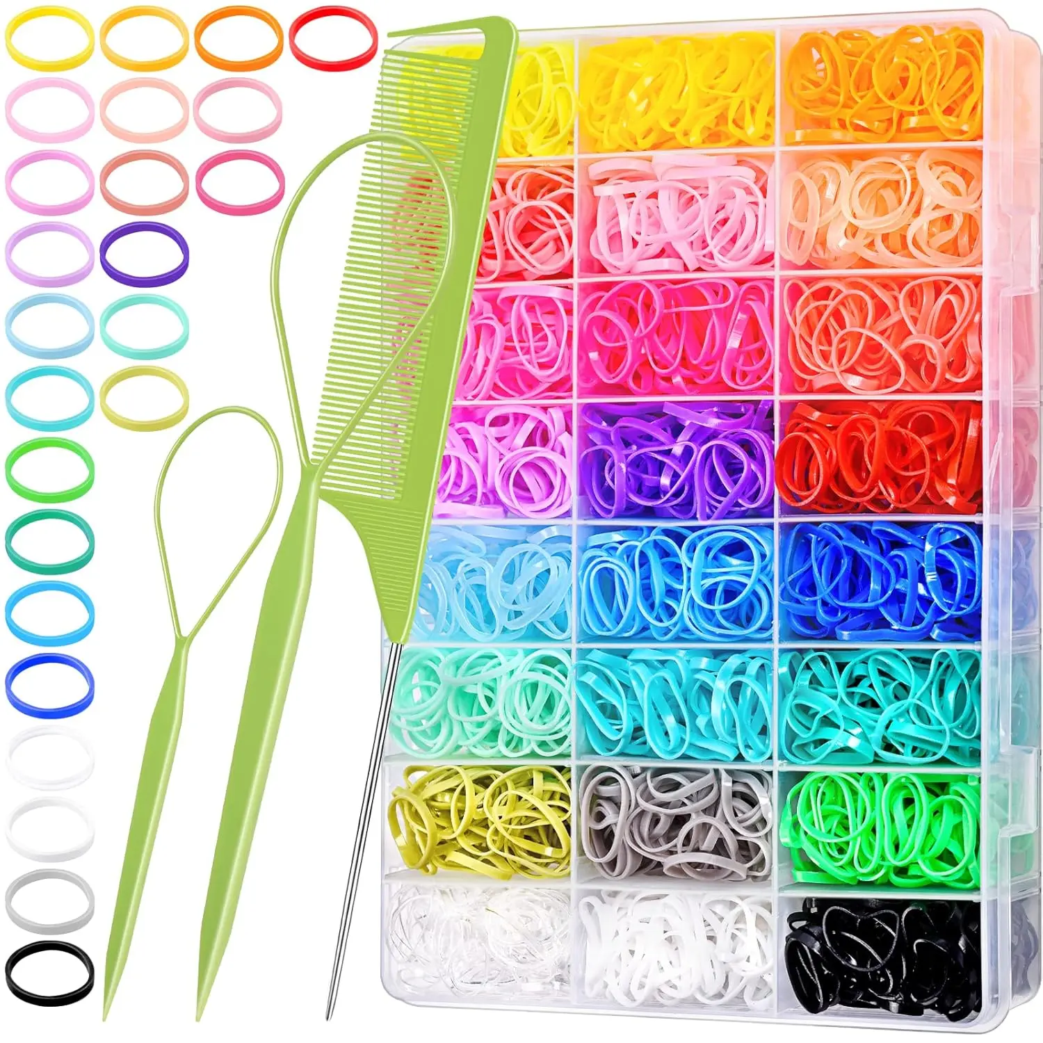 24 Colors Rubber Bands, 2000 pcs Elastic Hair Ties with Organizer Box, Rubber Bands with Tail Tools and Comb, Hair Accessories for Girls Kids Baby Toddler