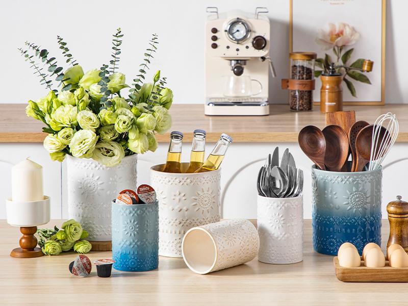 Utensil Holder, 7.2"+5.4" Ceramic Utensil Holder for Countertop, Large Cooking Utensil Crocks for Kitchen Counter, Farmhouse Utensil Vase for Housewarming, Kitchen Decor, Set of 2, Snow