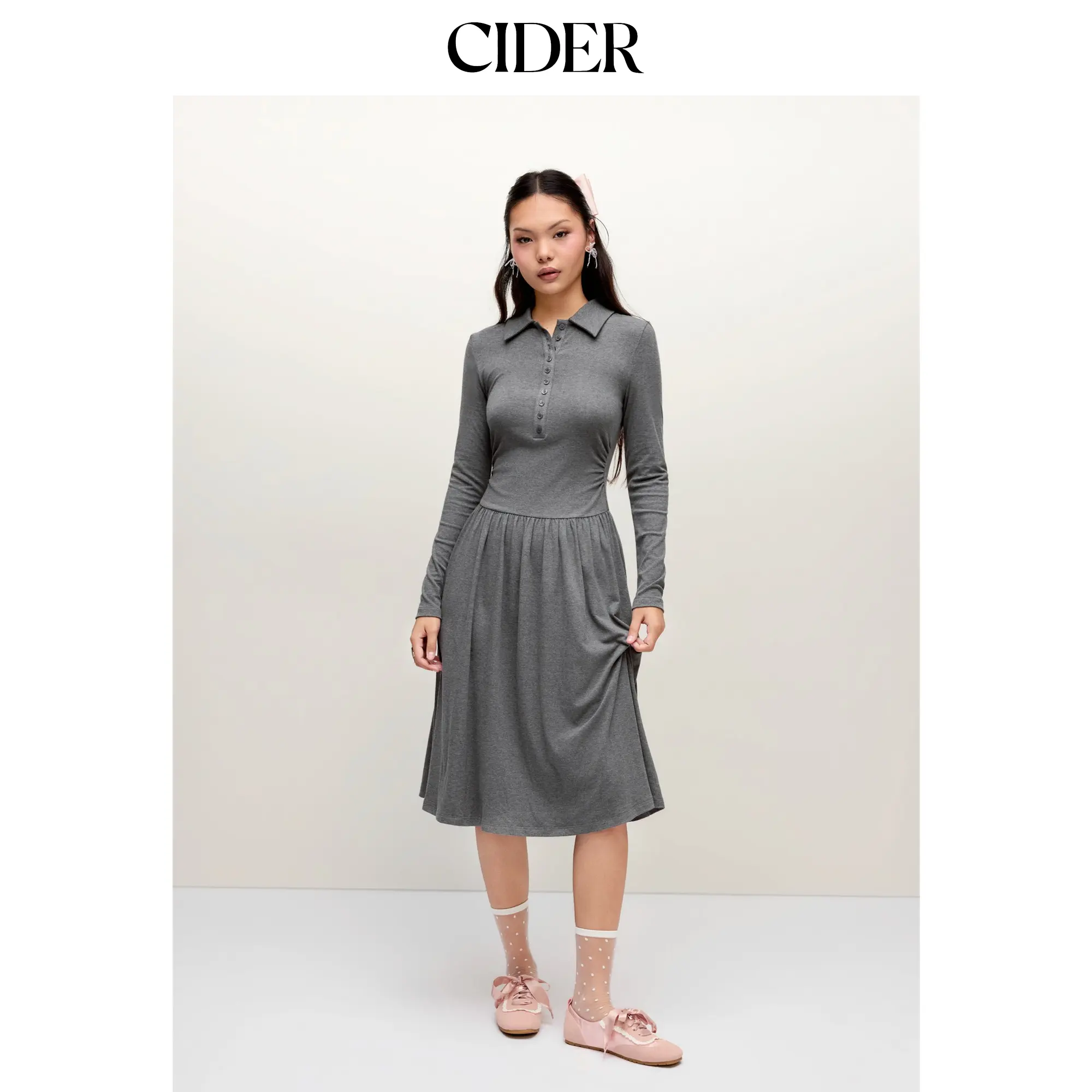 Cider High Stretch Polo Neck Ruched Midi Dress