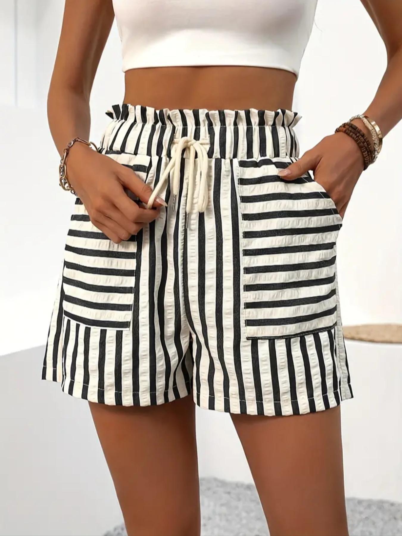 Women's Striped Print Drawstring Waist Shorts, Casual Boho Shorts, Casual Elastic Waist Shorts for Spring, Fashion Women's Bottoms for Daily Wear, Casual Fashionable Shorts