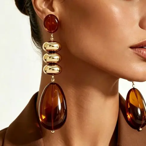 Vintage Tortoise Amber Gold Beaded Long Dangle Earrings Retro Statement Women Party Fashion Jewelry