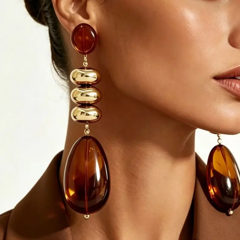 Vintage Tortoise Amber Gold Beaded Long Dangle Earrings Retro Statement Women Party Fashion Jewelry