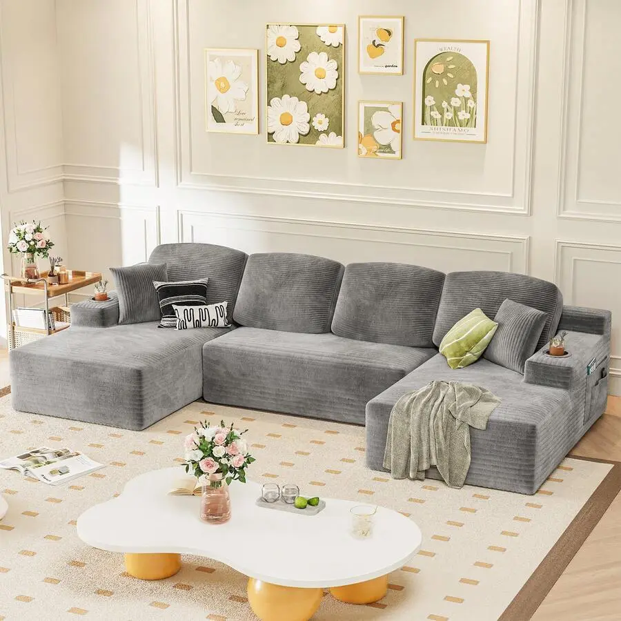 141.7in Scandinavian Style Corduroy U-Shaped Modular Sectional Sofa, Boneless Cloud Sofa with 2 Chaise Lounges, Deep Seat, Handrest, No Assembly Required