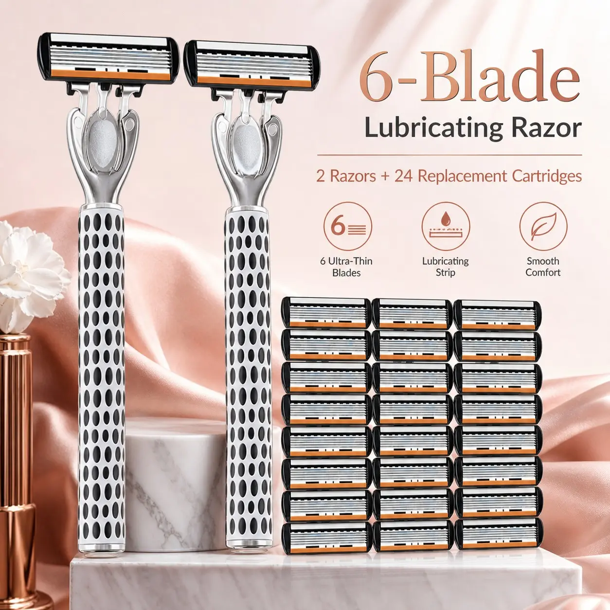Simple Polka Dot Six-Layer Women's Shaving Razors Set, Includes 2 Non-Slip Handles + 24 Replacement Heads, Smooth Shaving, Gentle Skin Care