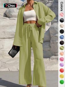 two-piece set women's solid button front shirt & wide leg pants set, casual long sleeve top & palazzo pants, women's spring clothes for daily wear, womenswear