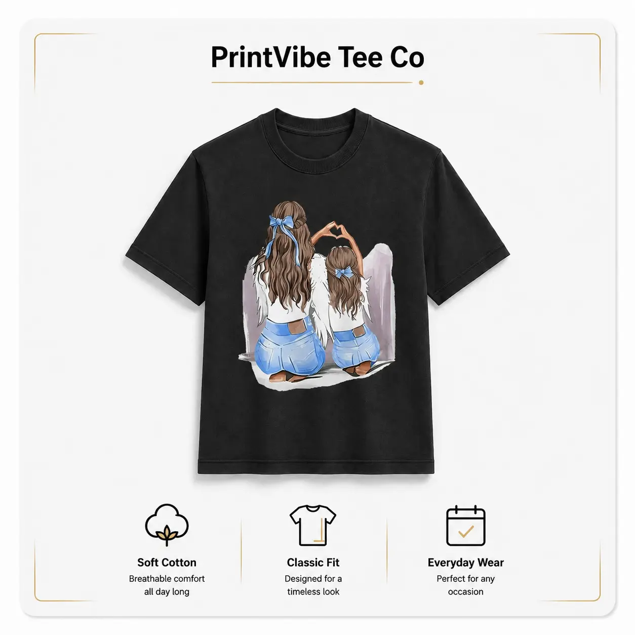 Mother Daughter Angel Wings Graphic T Shirt for Men Women Cute Family Love Tee Blue Bow Heart Hands Print Shirt Cotton Short Sleeve Crew Neck Top Unisex Casual Tee for Adults Teens Moms Girls Daily Wear Casual Gift Clothing Outfit Soft Graphic Shirt Style