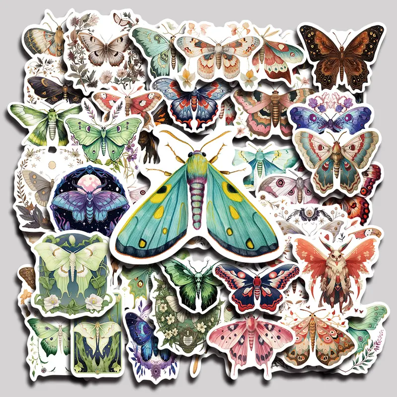 50PCS Colorful Fluttering Moths Aesthetic Vinyl Stickers Pack for Laptop Water Bottle Phone Case Skateboard Journal Scrapbook DIY Decoration