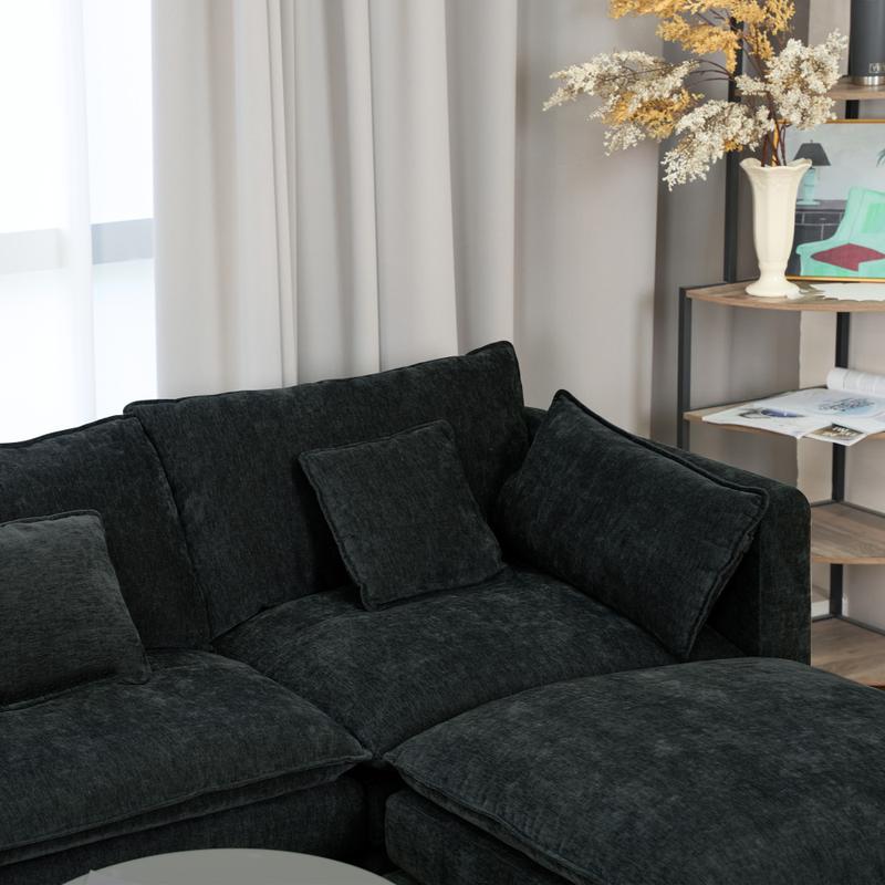 144" U-Shaped Sectional Cloud Couch – Modern Chenille Modular Sofa Set with 6 Seats, Movable Ottoman, Cup Holders & Hidden Storage Console, Comfy Fluffy Black Grey Sectional Sofa for Living Room or Apartment 20.27“ Seat Height