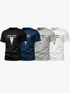 4-Pack Short Sleeve T-Shirts, Outdoor Ranch, Horseback Riding, Casual Wear, Cowboy Lovers, Skull Letter Print, Soft Breathable Fabric, Unisex