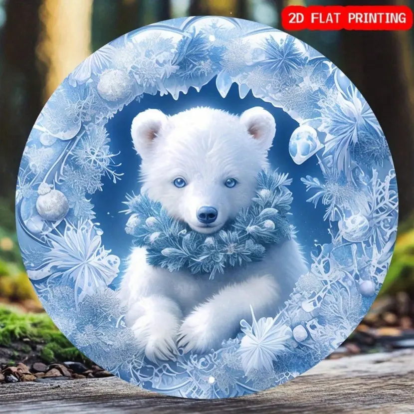 1pc Polar Bear Snow Wreath Round Aluminum Sign 8x8 Inch Festive Holiday Wall Decor with Blue Floral Accents Ideal for Christmas Winter Themed Gift Home Cafe Office Decor