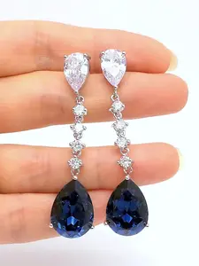 Elegant Blue Zircon Water Drop Earrings, Unique Long Dangle Studs, Fashionable Women's Jewelry, Perfect for Parties and Weddings