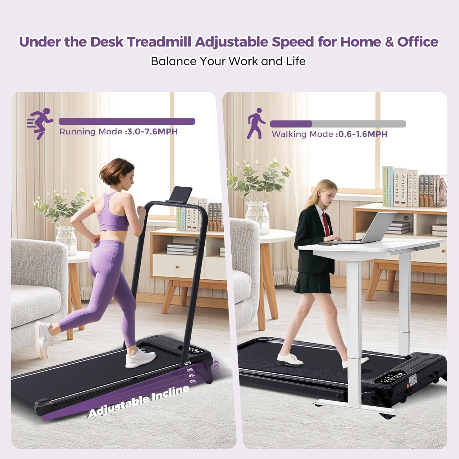 SUNDAY MIRTH Portable Foldable Walking Pad with Handle Bar and Adjustable Incline, Under Desk Walking Pads Treadmill with Incline and Handles, 3.5HP Folding Electric Treadmills for Home Small, 0.6-7.6MPH, 350LBS