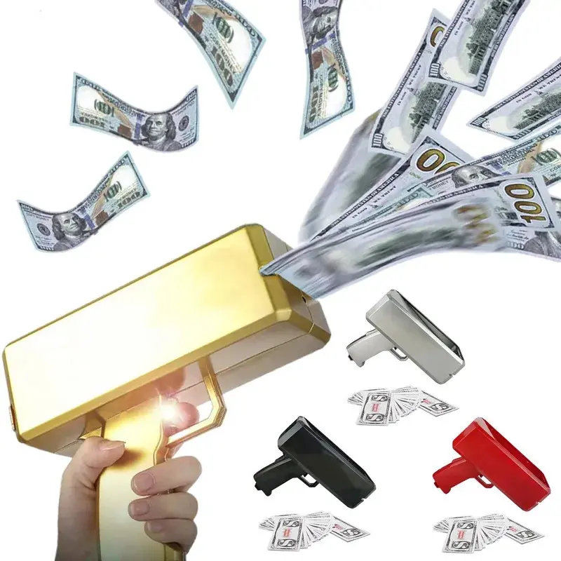 Electric Cash Cannon Banknote Pistol, Funny Toys & Hobbies Accessory for Party Games & Weddings, Includes 100pcs Golden Fake Money Bills