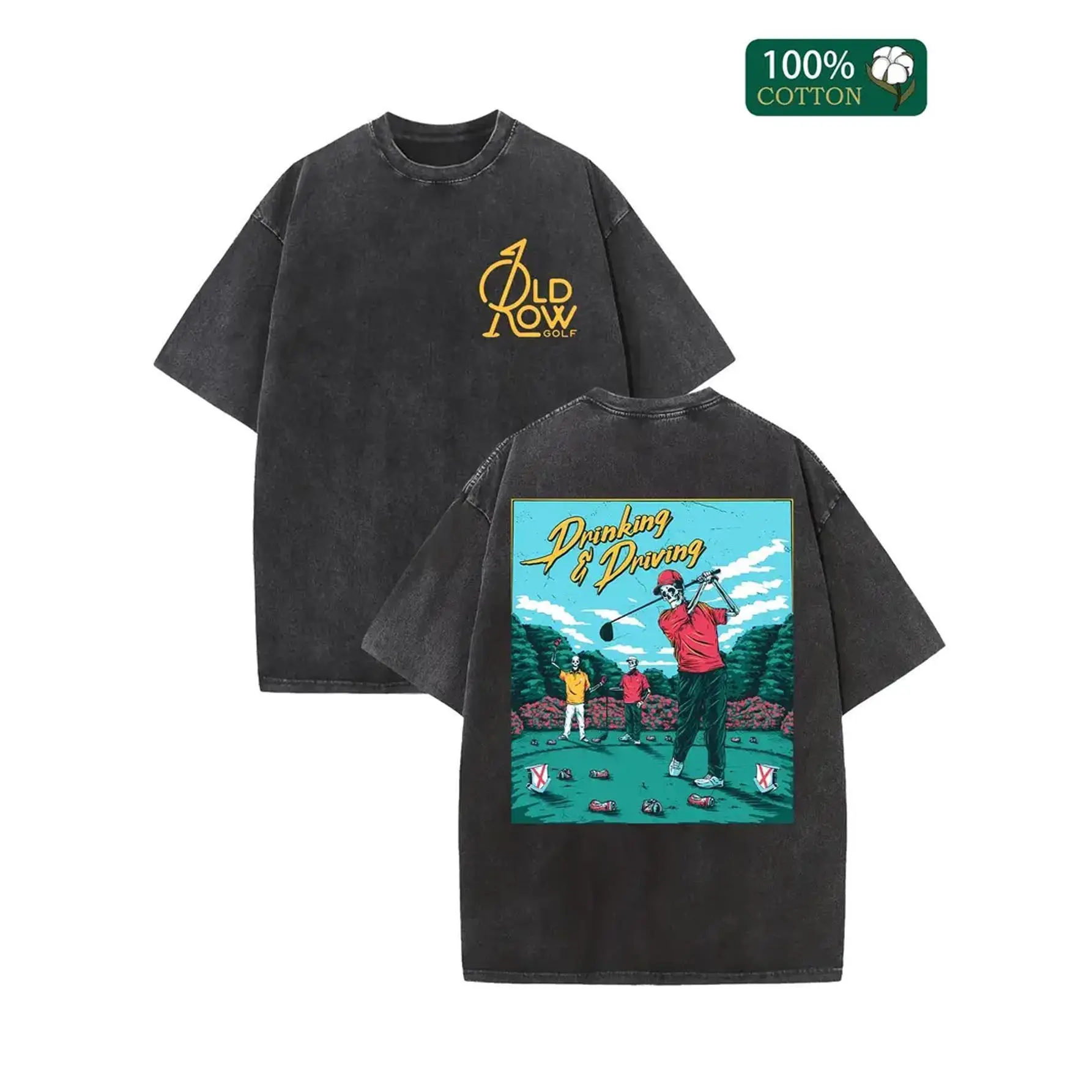 Men's Washed Batik Retro Thick Cotton Shortsleeve T-Shirt - Double-Sided "Drink and Don’t Drive" Graphic, Couple-Style Crewneck, Casual Streetwear Top, Black