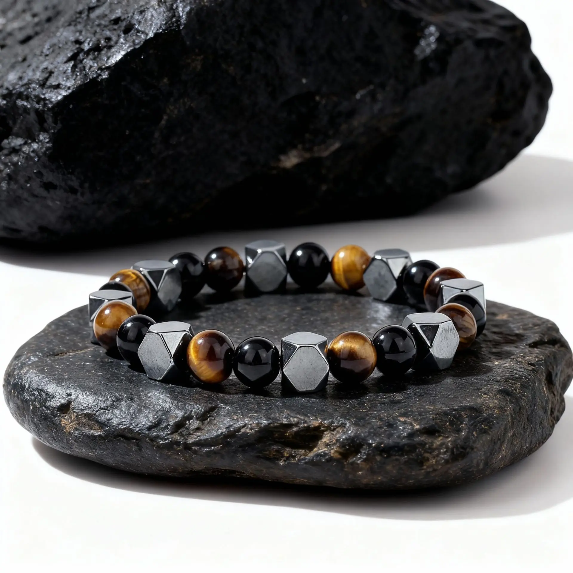 1Pc Natural Stone Beaded Bracelet, 8mm Polished Tiger Eye & Hematite Round‑Bead Construction, Cool Punk Retro Style, Men’s Elastic Stretch Wrist Bangle, Guys For Daily Wear & Streetwear Outfits, Energy Protection Charm, Ideal Valentine’s For Boyfrien
