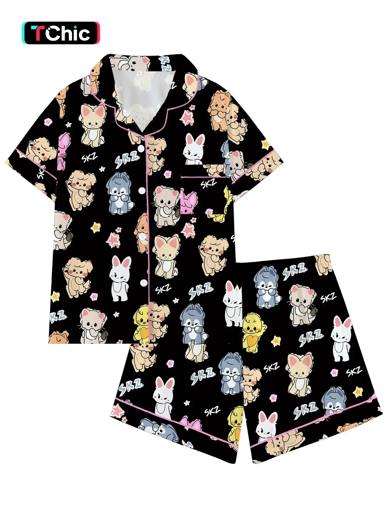 Women's Cute Korean Idol Cartoon Print Pajama Set, Short Sleeve Open Front Two-Piece Home Wear, Role Play Sleepwear, Loungewear, Fan Gift