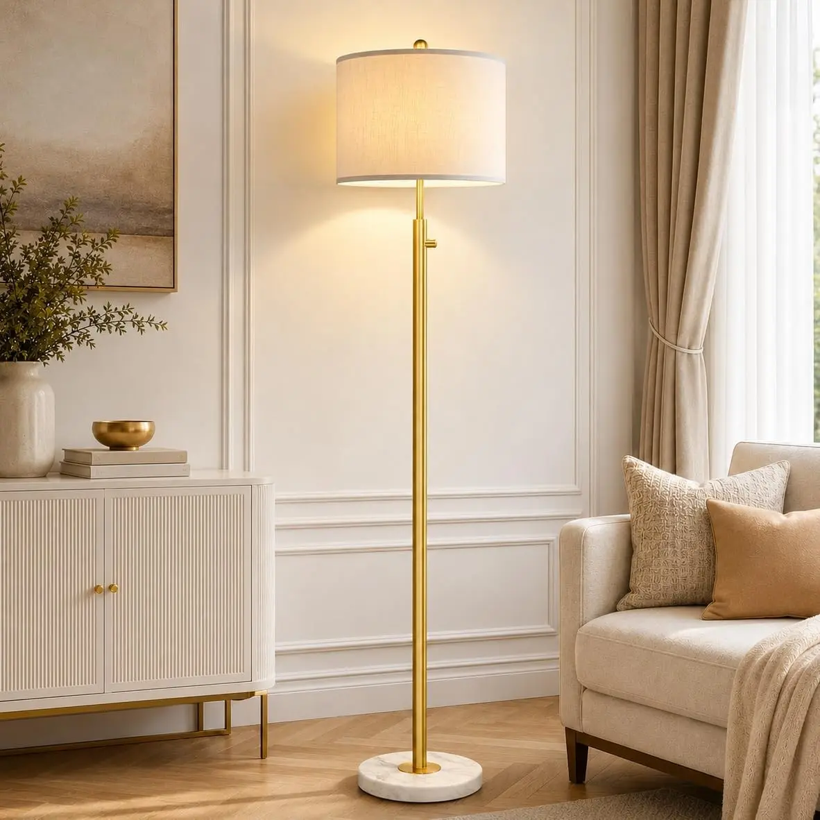 Upgraded Dimmable Gold Floor Lamps for Living Room, 11W LED Bulb Included, Modern Standing Lamp with Marble Base, Tall Pole Light with White Linen Shade for Bedroom Reading Office Corner Nursery