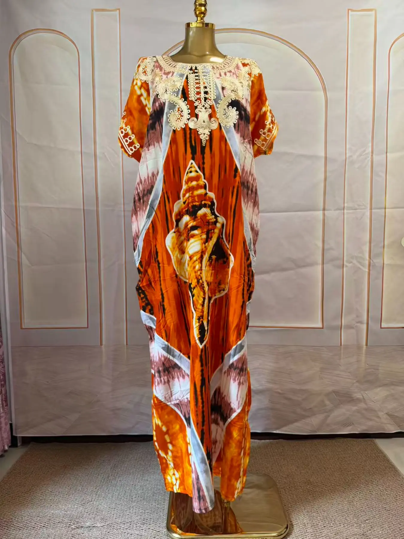 Seashell Print Kaftan Maxi Dress Women Gold Embroidery Collar Oversized Loose Caftan Beach Cover Up Vacation Long Dress With Matching Headscarf