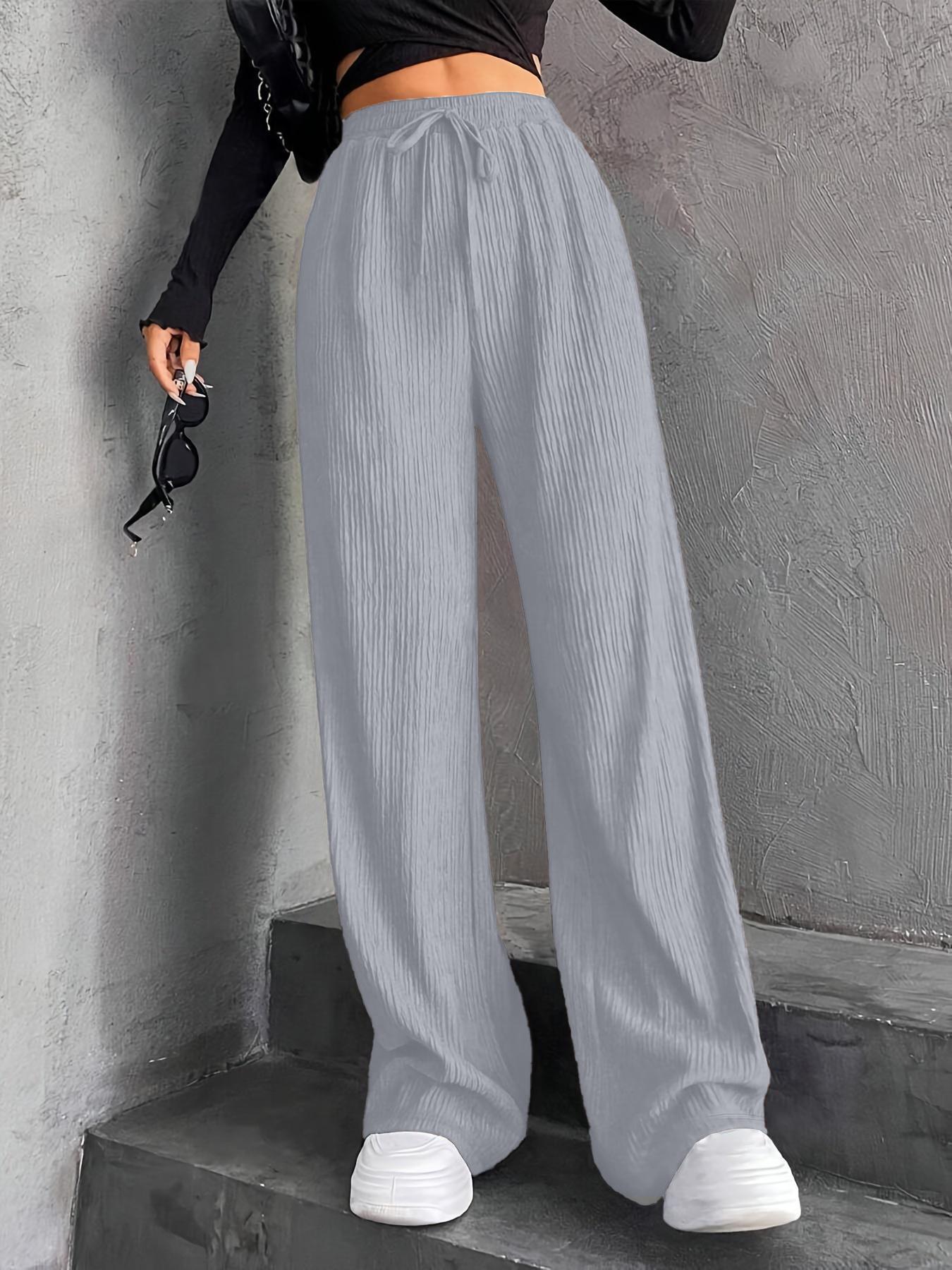 Women's Textured Tie Front Elastic Waist Straight Leg Pants, Casual Comfy Trousers for Daily Wear, Ladies Bottoms for All Seasons