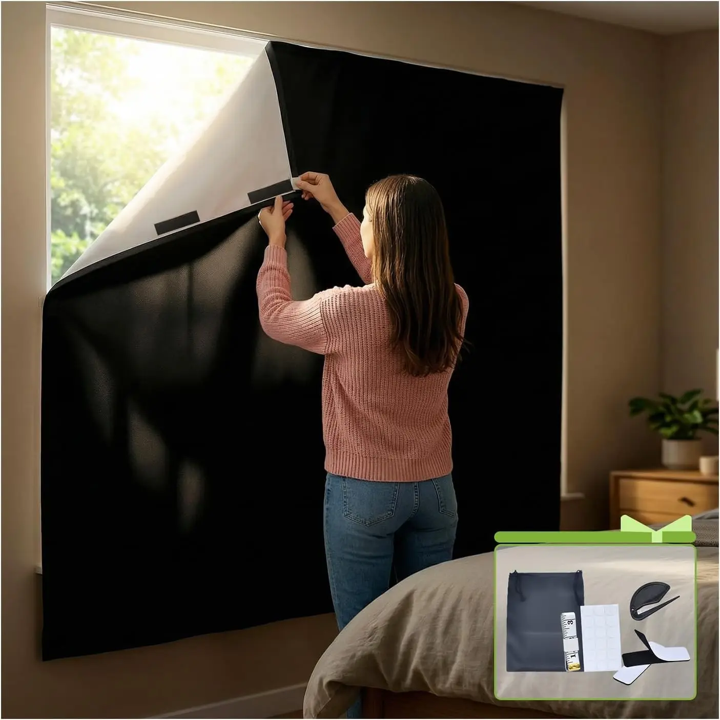 Portable No Drill Temporary Blackout Curtains 118" x 57", Adhesive Stick On Blackout Window Shades for Bedroom Windows & Skylight, Removable Black Out Blinds Window Covers