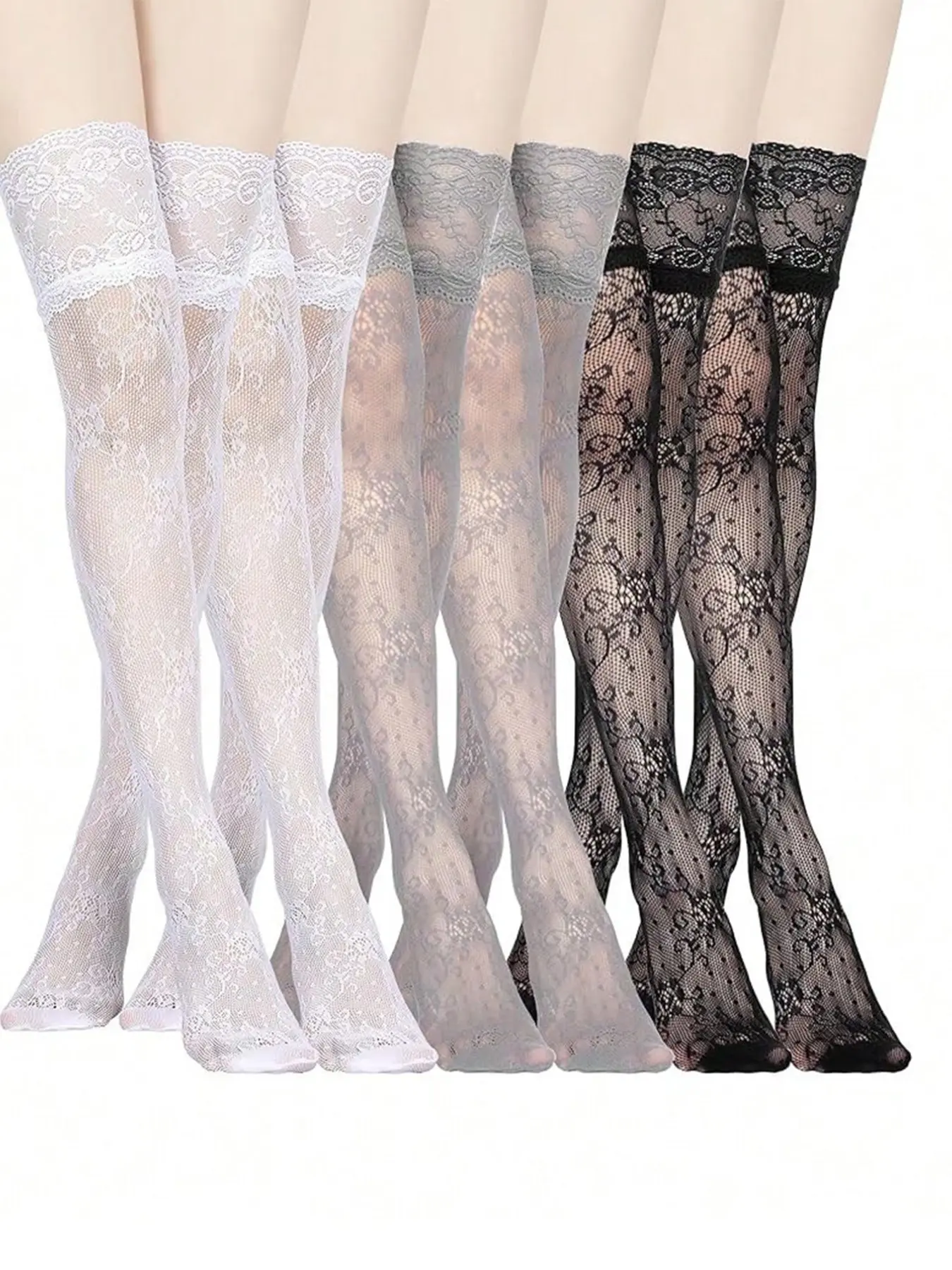 6 Pairs Women's Chic Lace Floral Knee-High Socks, Thigh High Stocking with Lace Trim Fishnet Mesh Lolita Boot Socks over Knee Stockings