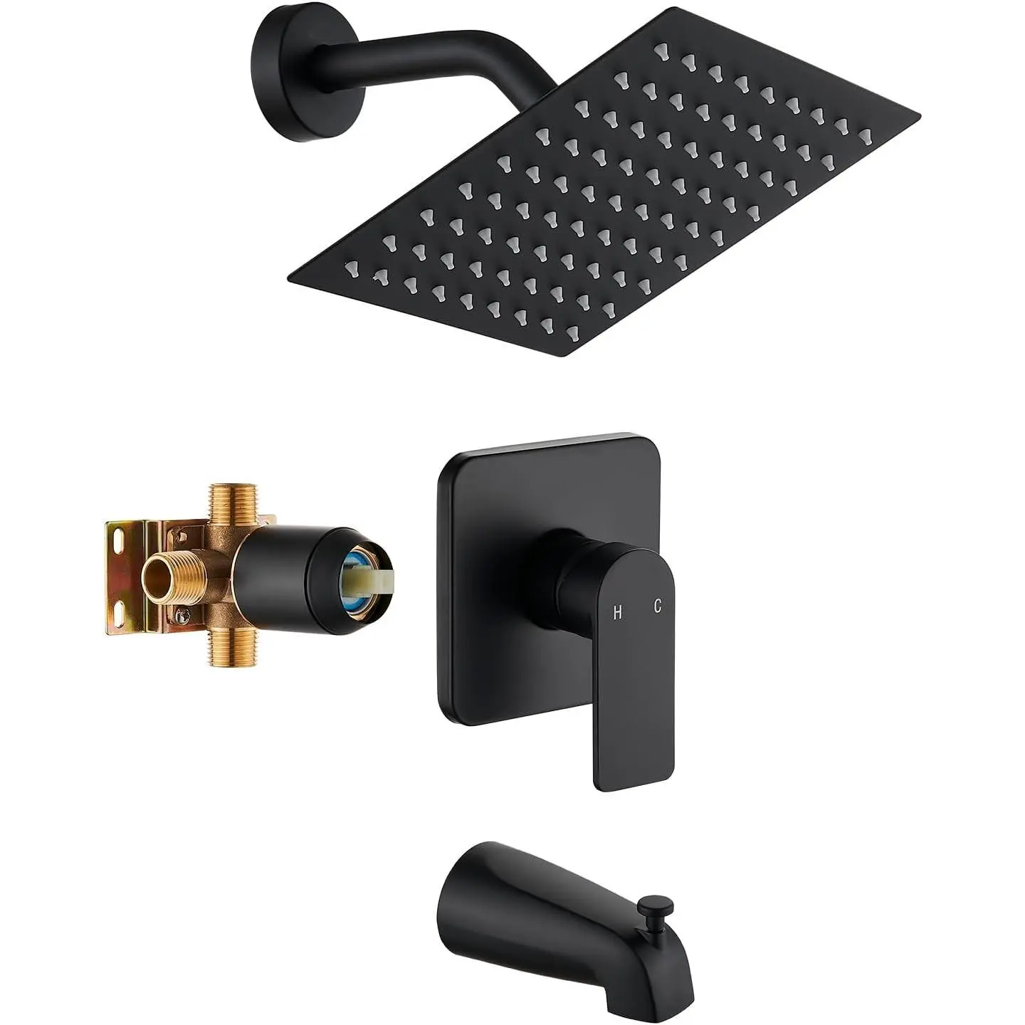 Black Tub Shower Faucet Set Complete with 8-Inch Rainfall Shower Head Tub Spout Shower Valve Tub Shower Trim Kit Matte Black
