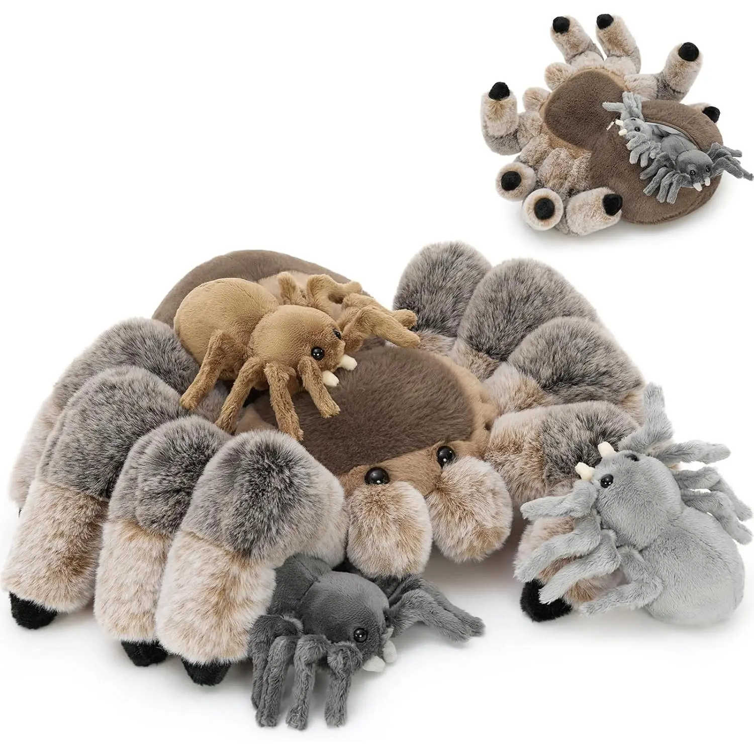 16-in 4-Pcs Spider Shape Soft Plush Set, Mommy Spider Stuffed Animal with Babies, Cuddly Pillow Gift for Kids, Brown
