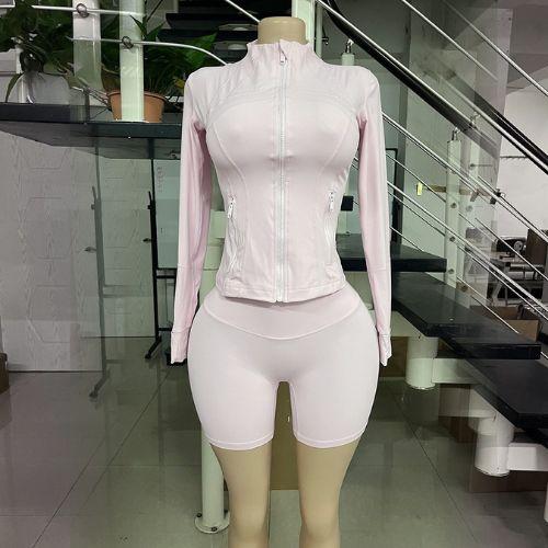 Breathable Elasticity Gym Set - Women's 2 Piece Workout Set Zip-Up Jacket & Shorts - Casual Activewear for Fitness & Athleisure Trend