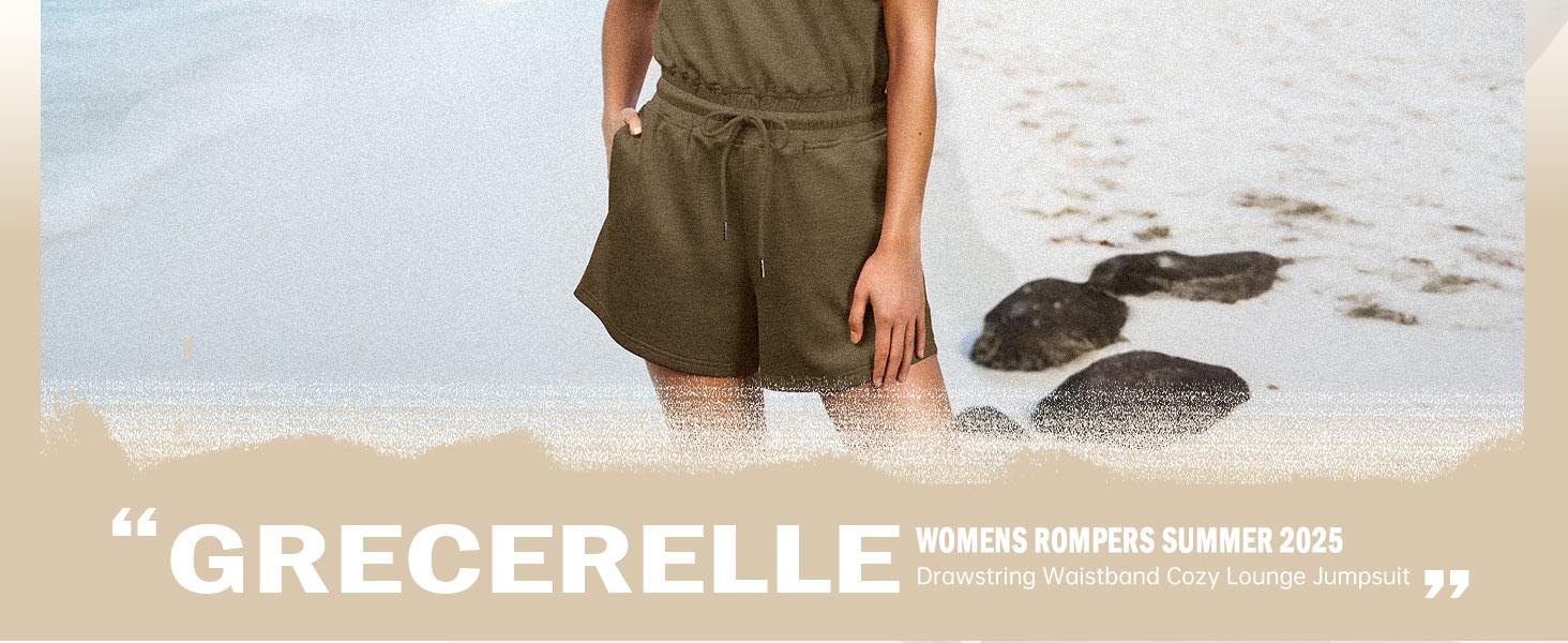 GRECERELLE Rompers For Women 2026 Summer Cap Sleeve Adjustable Drawstring Waistband Cozy Lounge Short Jumpsuit With Pocket