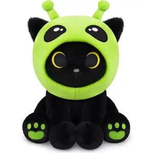 Alien Plush Toys - 8" Soft Black Cat Plush with Removable Green Alien Hood, Cute Space Toy & Birthday Gift for Kids, Boys, Girls,Anime Cartoon Plushies Birthday Gift