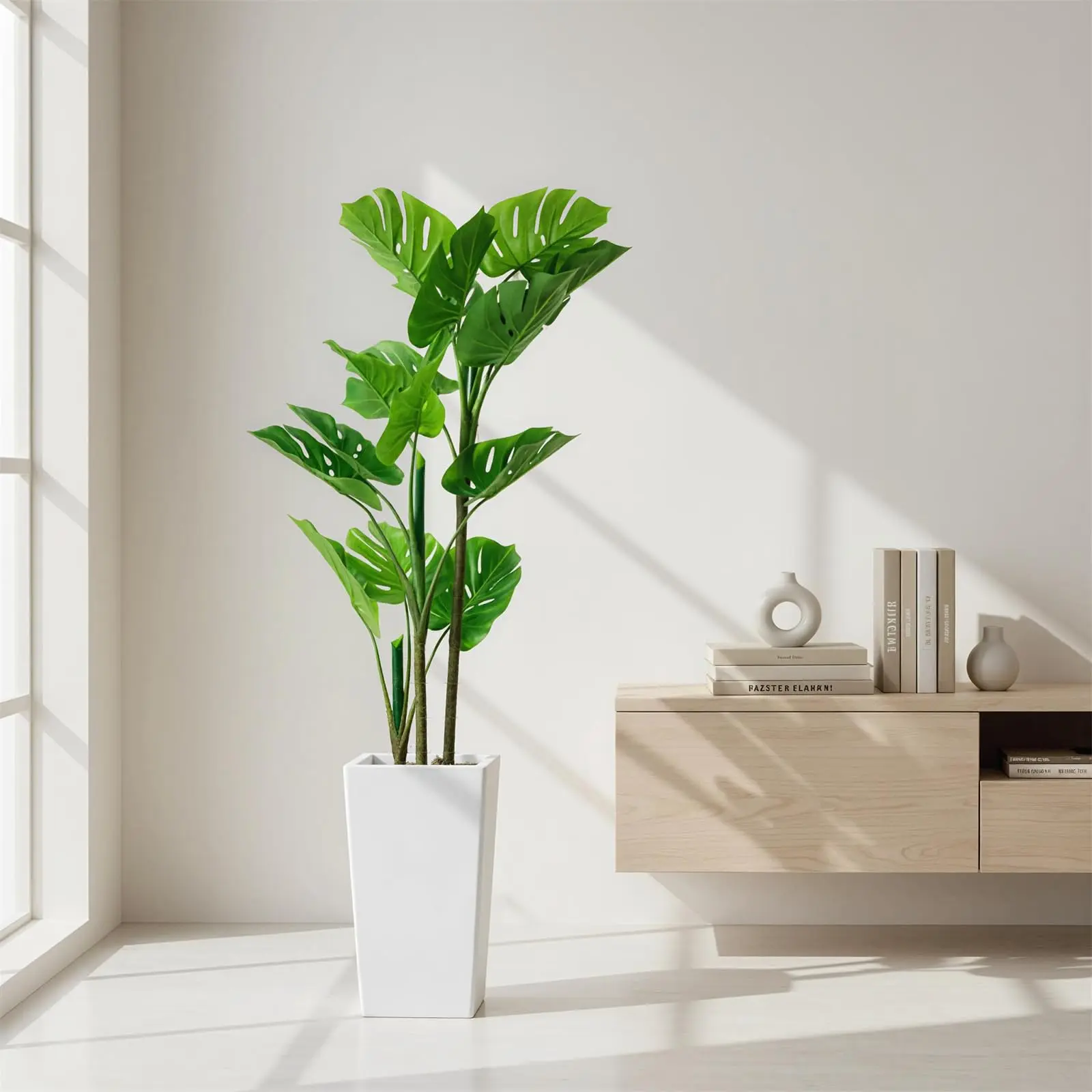 Garvee Artificial Monstera Plant 4.5 feet, Synthetic Tropical Palm with Tall White Pot, Evergreen Decorative Leaf Tree for Living Room, Entryway, Porch, Office