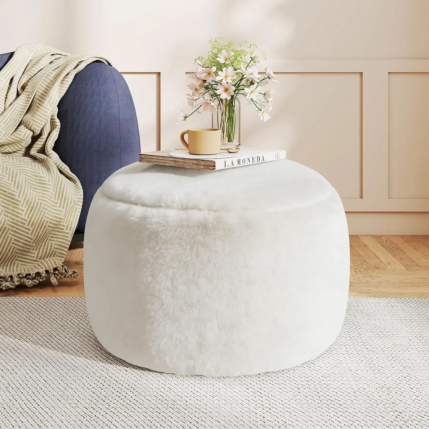 Round Stuffed Pouf Ottoman for Foot Rest, A Round Modern Foam Filled Poufs, Floor Chair for Living Room, Nursery, Dorm, A Soft Modern Foot Stool Perfect to Rest Your Feet (White, 20Inch)