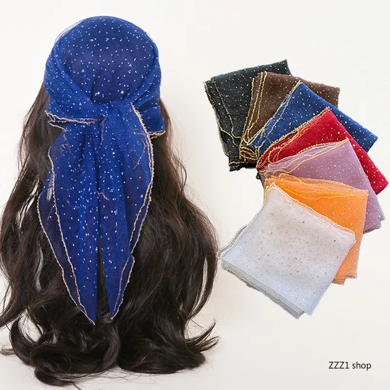 Women's Head Scarf, Sheer Organza Mesh with Glitter Pattern and Shiny Gold Border, Breathable Square Scarf Head Wrap for Summer Beach Sports, Breathable Mesh Scarf, Soft Sheer Wrap