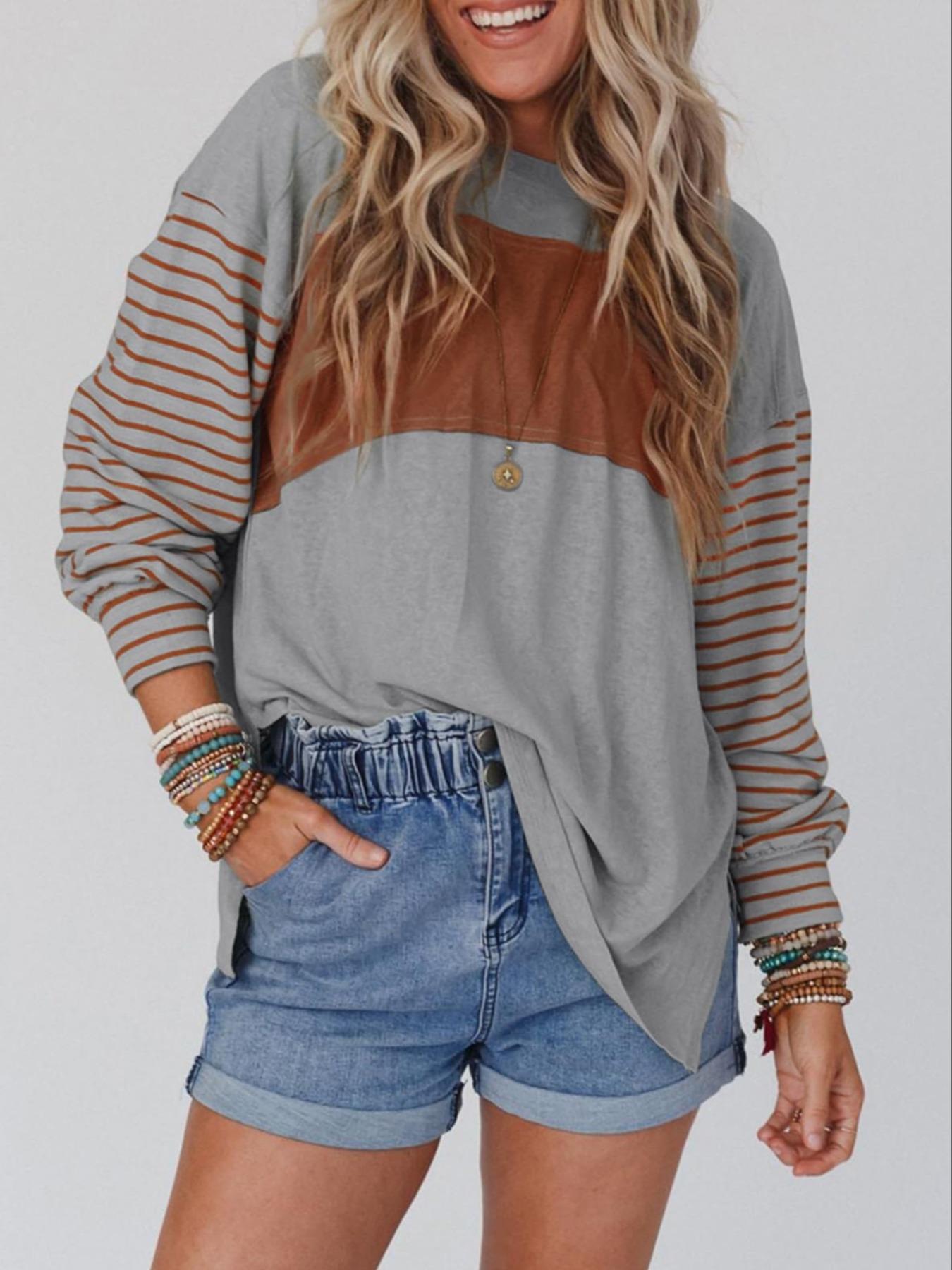 【Plus Size】 Striped Crew Neck T-shirt, Casual Long Sleeve Top for Spring & Fall, Women's Plus Size Clothing for Daily Wear