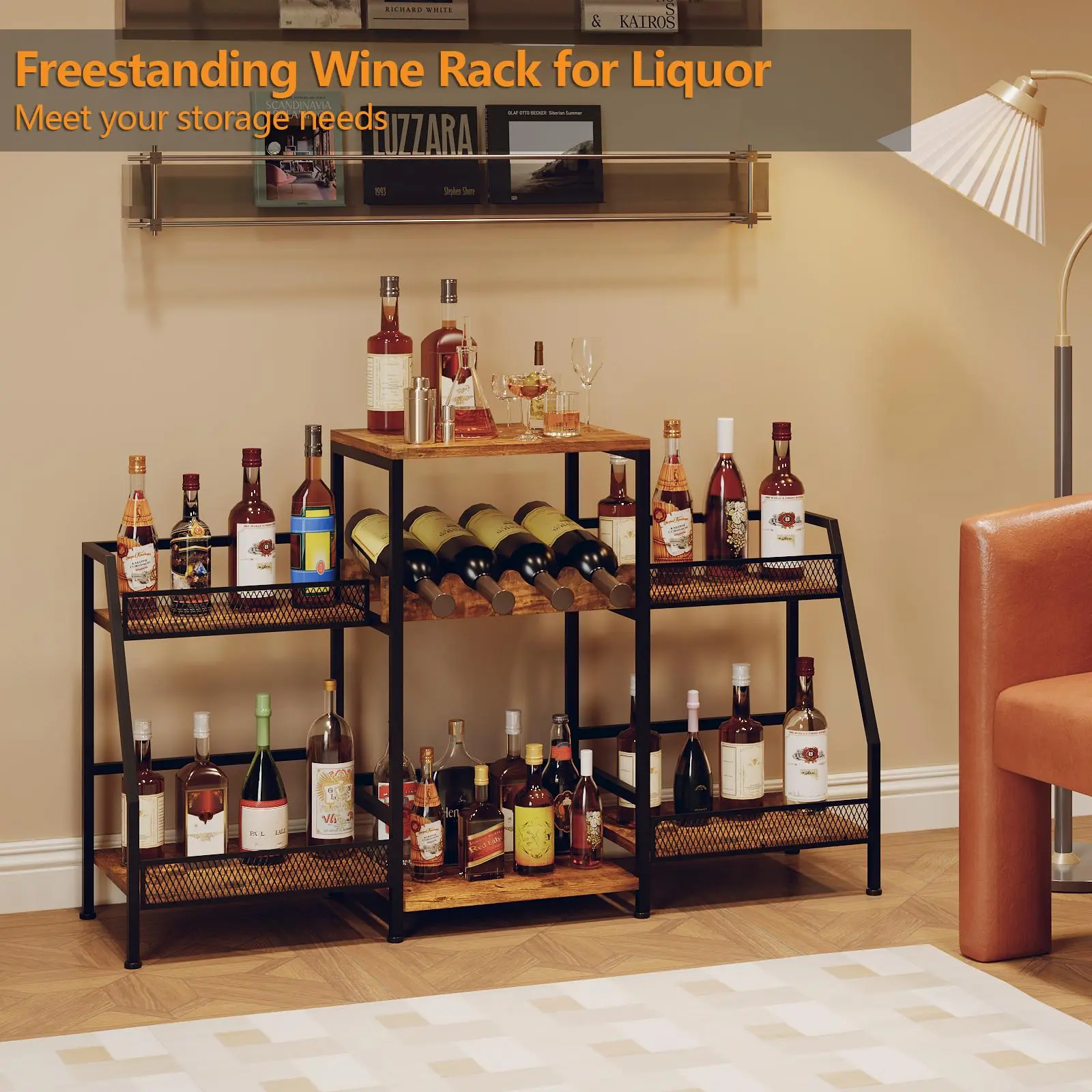 Large Capacity 4-Tier Wine Rack Organizer - Iron & Wood Freestanding Bar Cabinet with Stepped Design and Guardrails - Floor Shelf for Liquor, Bottles, Beverages, Home Bar Storage
