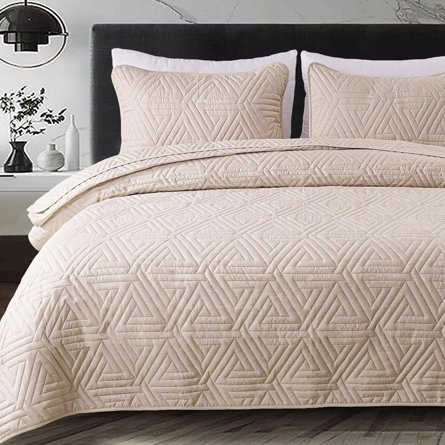 Soft Geometric Queen Set for All, Brich Beige |   3-Piece Breathable Bedspread Queen Size, Lightweight Ultrasonic Reversible Coverlet, Bed Cover with 2 Pillow Shams