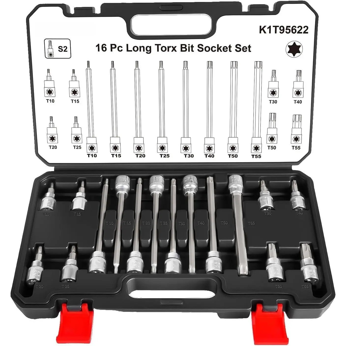 16- 3/8" Drive Conventional Torx Socket Set | T10, T15, T20, T25, T30, T40, T50, and T55, Long Torx Bit Socket Set ,S2 Alloy Steel