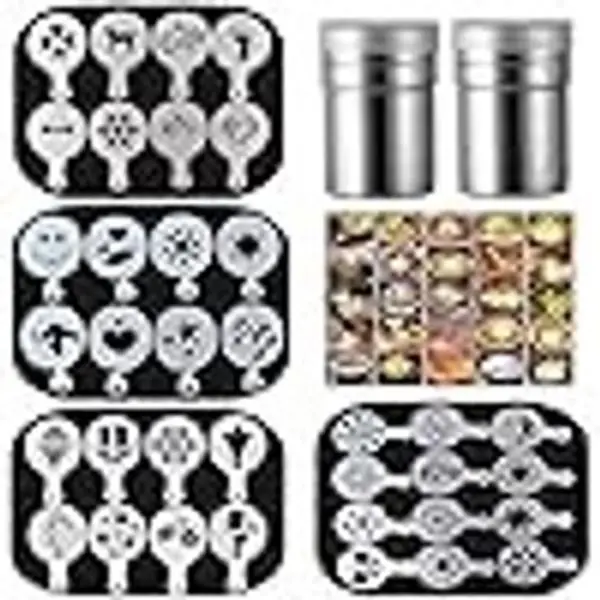 Magnoloran 36Pcs Coffee Latte Art Stencils + 2Pcs Stainless Steel Mesh Powder Shaker, Barista Decorating Templates for Oatmeal Cupcake Cake Cappuccino Mousse Hot Chocolate