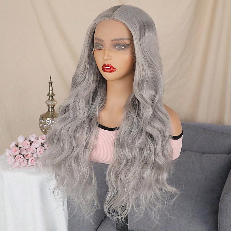 Grey Body Wave Synthetic Lace Front Wigs Glueless Silver Grey Loose Wave 13X4 HD Lace Middle Part Natural Hair Line 30 Inches 250% Density Heat Resistant Fiber Hair Wigs for Women Daily Party Cosplay Use