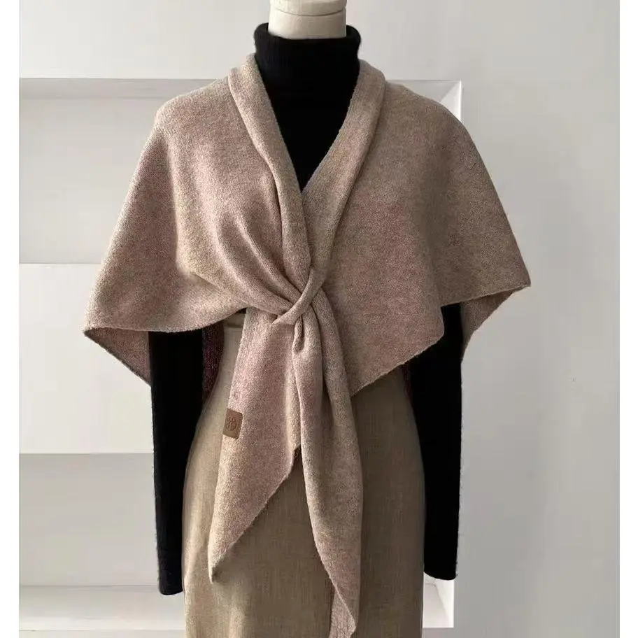 Womens Autumn Winter Relaxed Style Triangle Large Shawl Multifunctional Warm Scarf Neck Warmer Neck Protector Wearable Outerwear Vest Soft Fabric Knotted Design