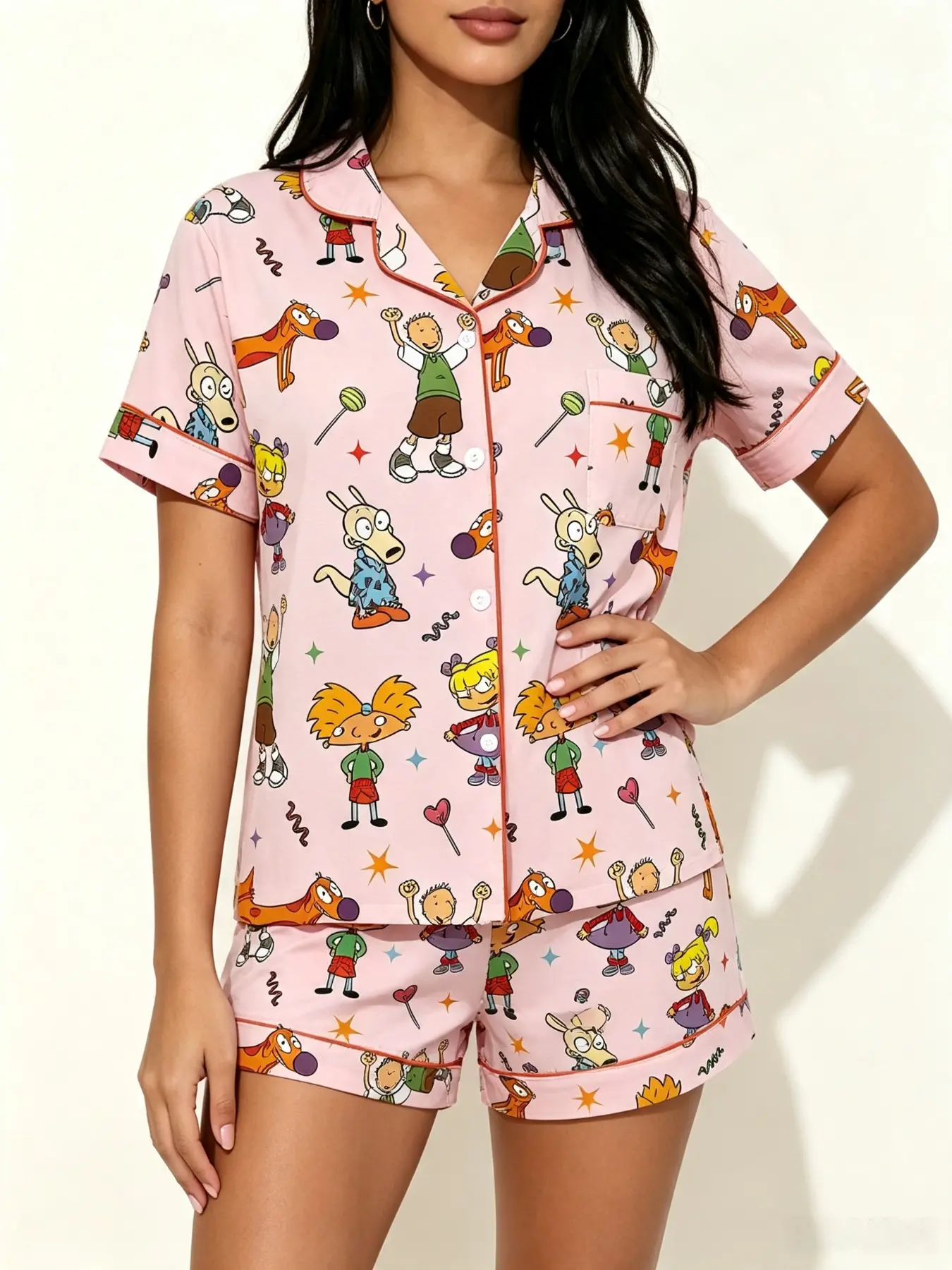 Teen Retro Cartoon Print Pajama Set, Soft Comfortable Sleepwear, Short Sleeve, All Seasons, Perfect for Gifts, Casual Home Wear