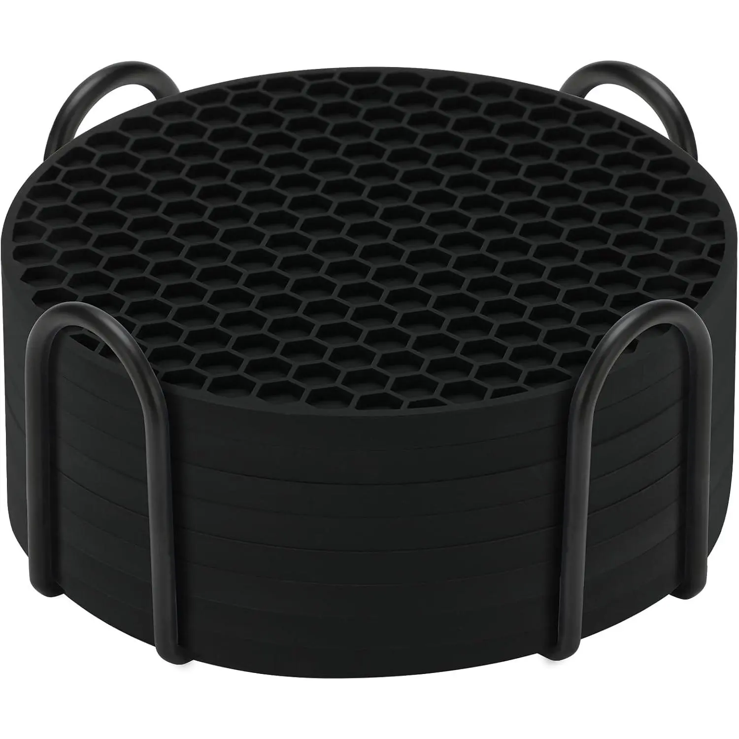 8-Pack Silicone Drink Coasters with Holder, Non-Slip Coaster Set for Coffee Table, Kitchen & Office, Protect Furniture from Water Rings, Heat & Spills, Black