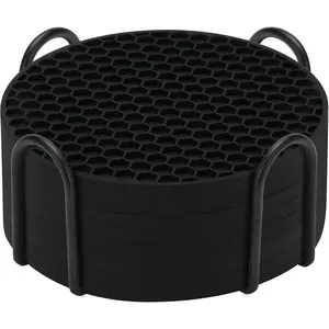 8-Pack Silicone Drink Coasters with Holder, Non-Slip Coaster Set for Coffee Table, Kitchen & Office, Protect Furniture from Water Rings, Heat & Spills, Black