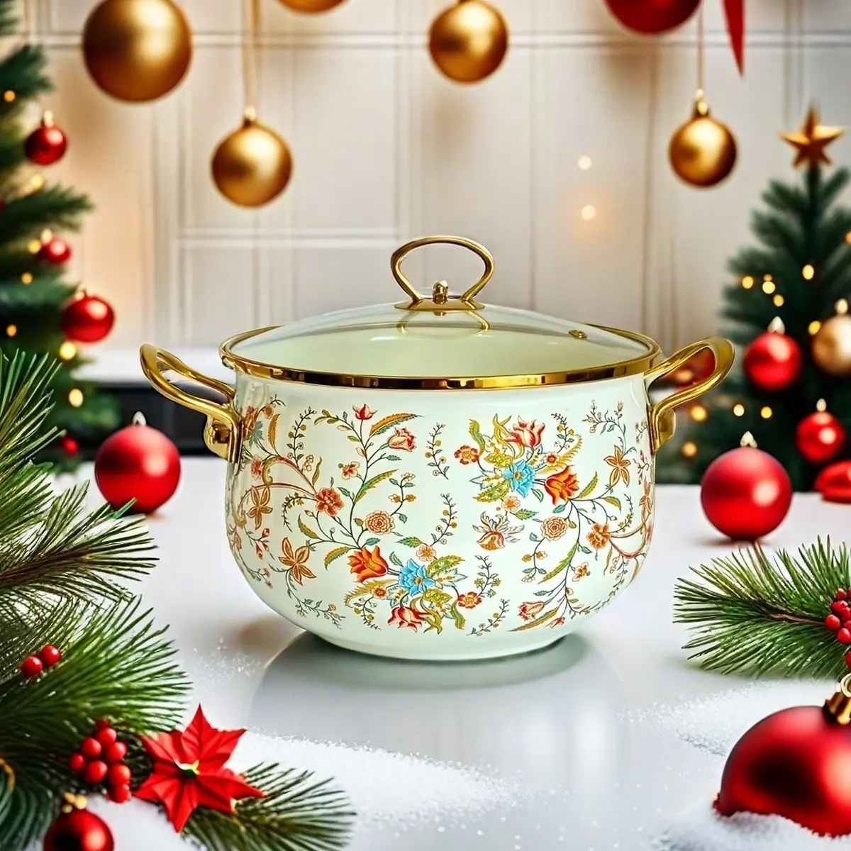1pc Christmas Multi-Functional Enamel Cooking Pot, Kitchen Soup Pot, Stew Pot, Heat Resistant, Easy Clean, Non-Stick, Gas & Electric Compatible