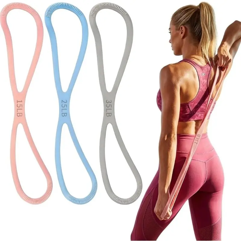 Figure 8 Silicone Resistance Band Set 15/25/35 lbs, Comfort Grip Elastic Bands for Arms Back & Posture Correction, Heavy Duty Yoga Fitness Gear