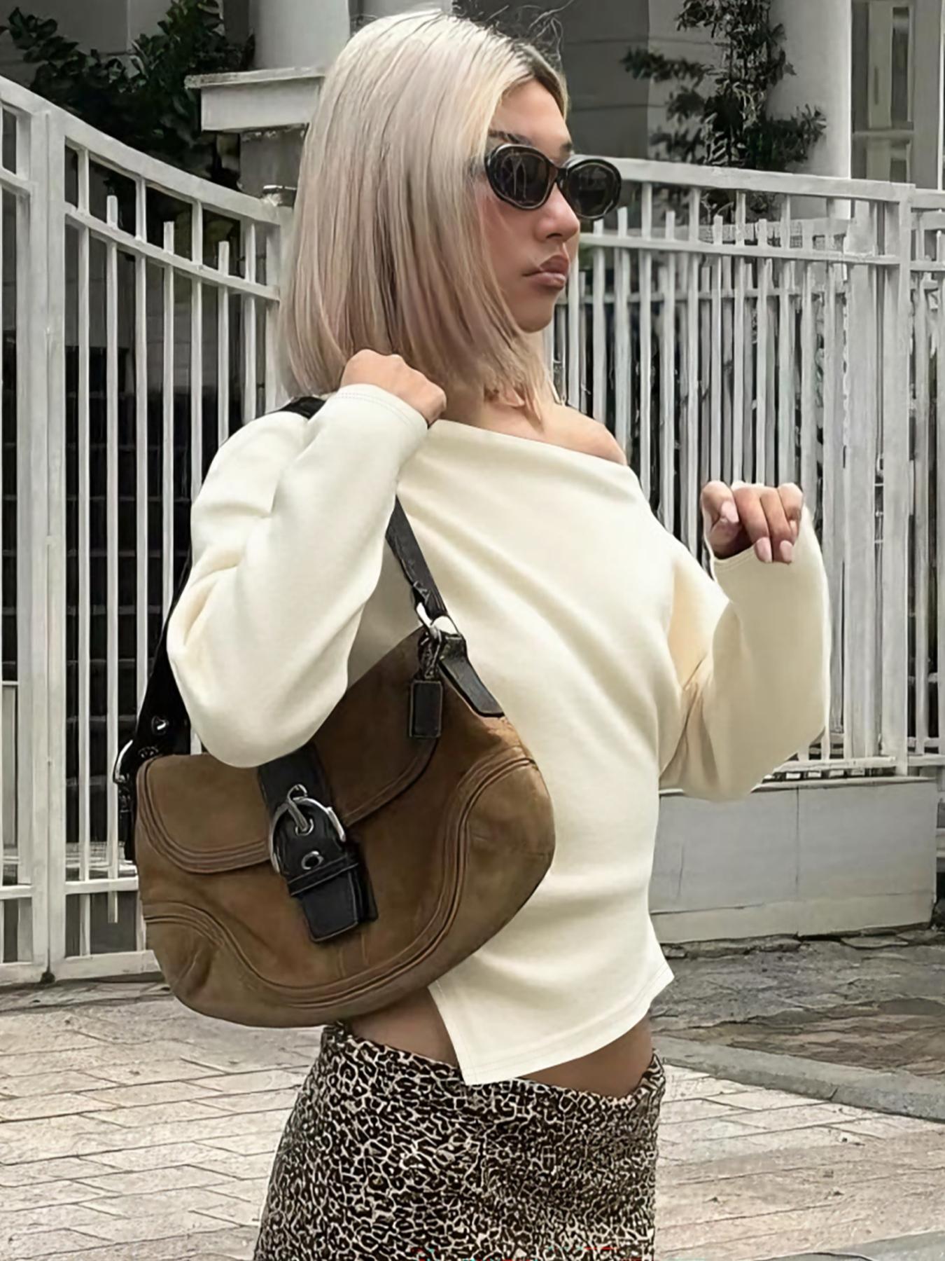 Women's Solid Color One Shoulder Split Hem Long Sleeve T-shirt Top, Sexy Irregular Strapless Plain Fitted Crop Top, Party Club Date Holiday Blouse Shirts, Ladies Spring Fall Winter Daily Casual Tops Clothes Wear