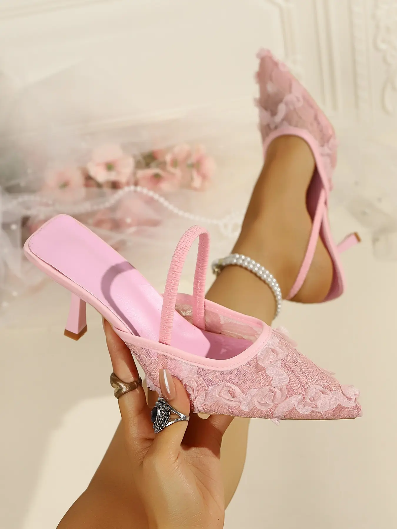Women's Floral Lace Pointed Toe High Heel Classy Elevated Sandals, Pearl Ankle Strap, Formal Wedding Dress Shoes, Elegant Party Footwear, Anti-Slip, Slimming Effect