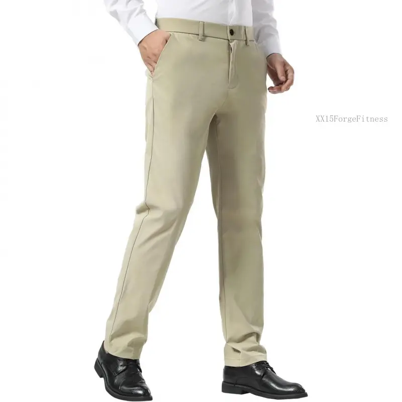 Men's Slim-Fit Stretch Khaki Dress Pants - Wrinkle-Free Business Casual Bottoms, Classic Solid Design Menswear ApparelXX15ForgeFitness