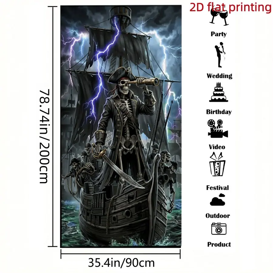 Halloween Pirate Captain Banner, Ghost Ship Print Door Cover, Polyester Material, Perfect for Halloween Parties, Nautical Photo Background
