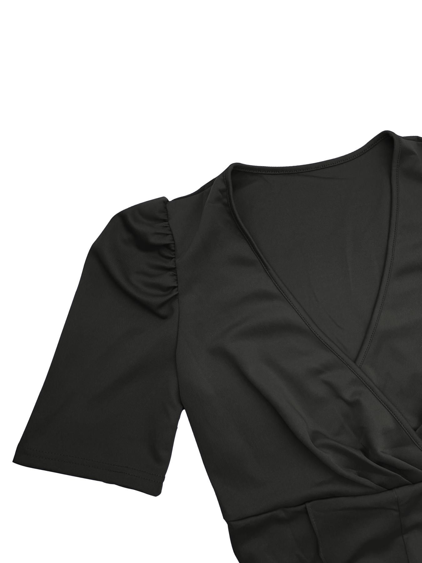 Women's Solid Color Belted Wrap Puff Sleeve Jumpsuit, Elegant Deep V-Neck Straight Leg Jumpsuit, Women's Summer Clothes for Work, Office and Business